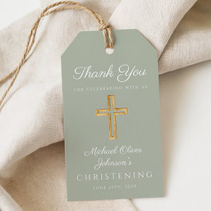 Étiquettes-cadeau Croix de baptême en bois vert sauge religieux sage