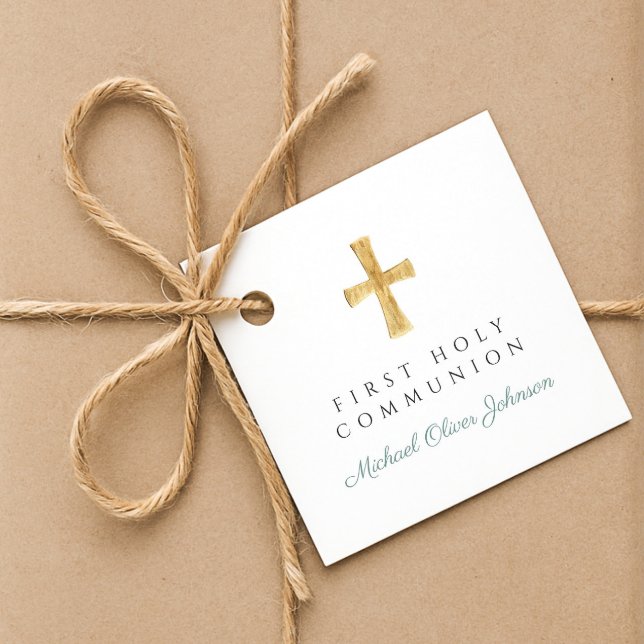 Étiquettes Cadeau Croix de Garçon de Communion Solennelle Écriture V (Green Script Cross Boy First Communion Favor Tags)
