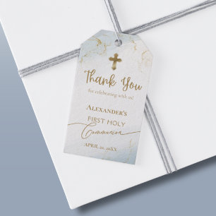 Étiquettes-cadeau Croix d'or Merci bleu premier sainte communion