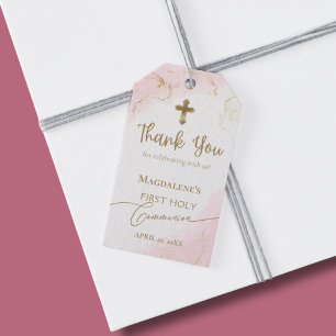 Étiquettes-cadeau Croix d'or Merci rose Première communion fille