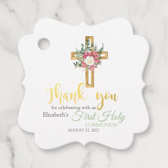 Étiquettes Cadeau Croix dorée florale Première communion (Devant)