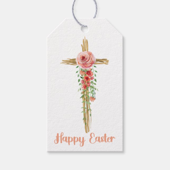 Étiquettes-cadeau Croix florale, Bonne Pâques, Religieuse (Devant)
