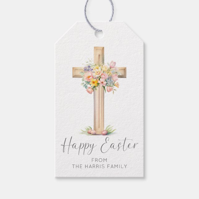 Étiquettes-cadeau Croix florale de Pâques (Devant)