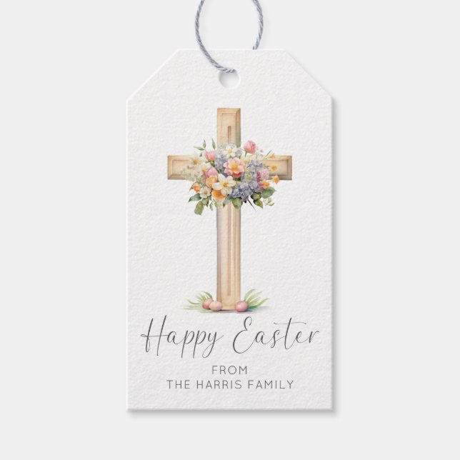 Étiquettes-cadeau Croix florale de Pâques (Devant)