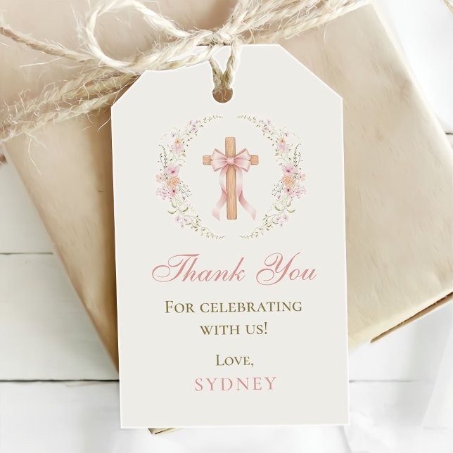Étiquettes-cadeau Croix florale rose baptême (Créateur téléchargé)