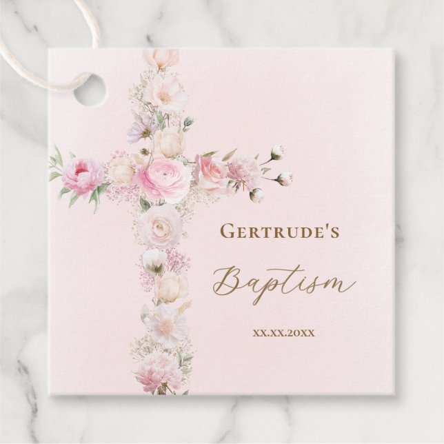 Étiquettes Cadeau Croix florale rose de baptême  (Devant)