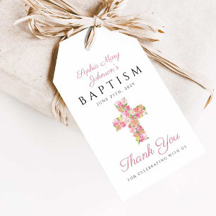 Étiquettes-cadeau Croix florale rose élégante pour baptême religieux