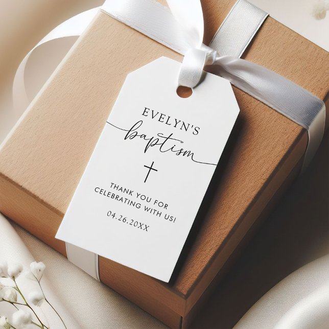 Étiquettes-cadeau Croix minimaliste Merci de baptême personnalisé (Créateur téléchargé)