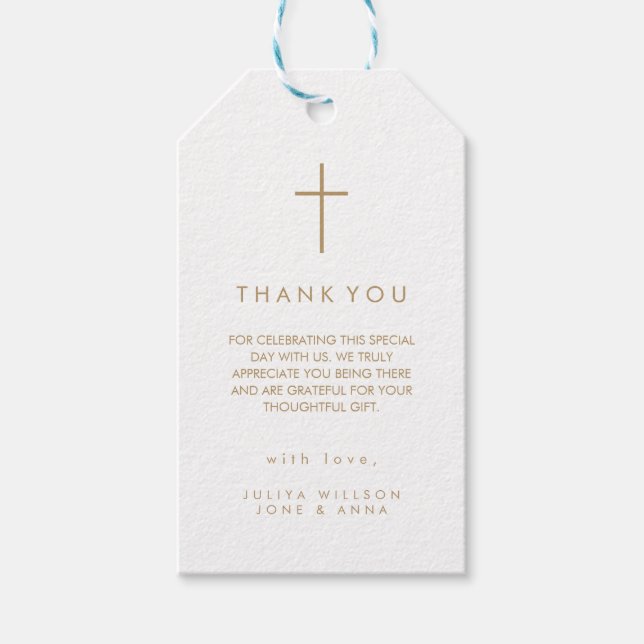 Étiquettes-cadeau Croix moderne or Photo Baptême (Devant)