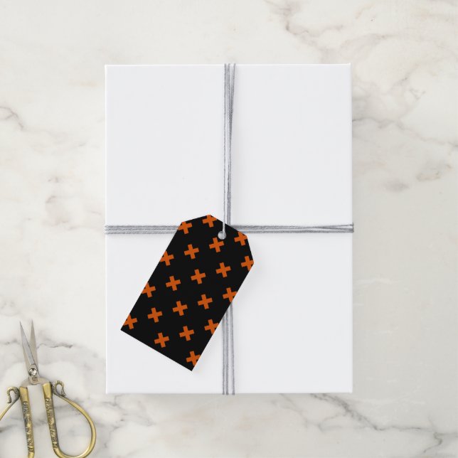 Étiquettes-cadeau Croix orange sur le noir (Avec de la ficelle)