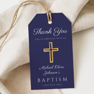 Étiquettes-cadeau Croix Religieuse Bleu Marine Garçon Baptême