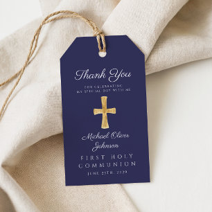 Étiquettes-cadeau Croix religieuse bleu marine Garçon Première commu
