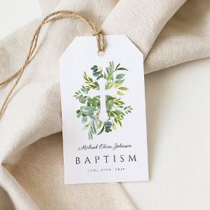 Étiquettes-cadeau Croix religieuse botanique élégante pour baptême