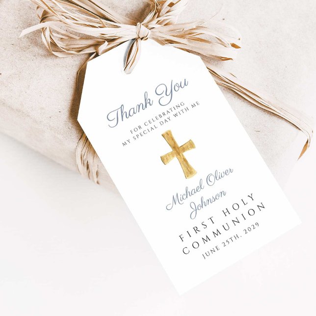 Étiquettes-cadeau Croix religieuse Boy Blue First Communion (Religious Cross Boy Blue First Communion Gift Tags)