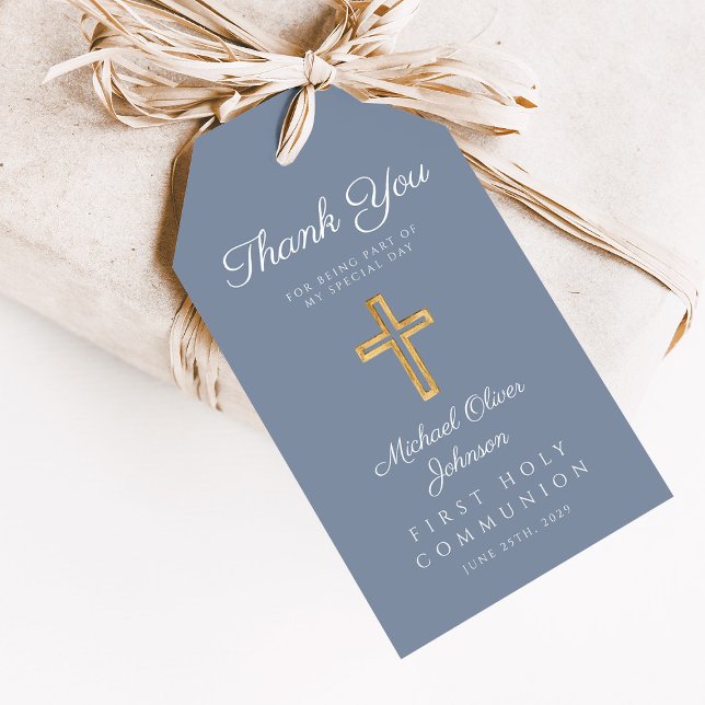 Étiquettes-cadeau Croix religieuse Dusty Blue Boy First Communion (Dusty Blue Religious Cross Boy First Communion Gift Tags)