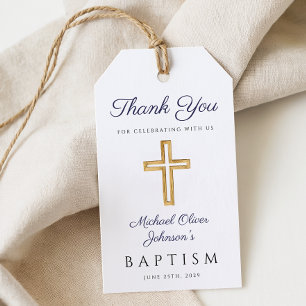Étiquettes-cadeau Croix Religieuse Écriture Bleu Marine Garçon Baptê