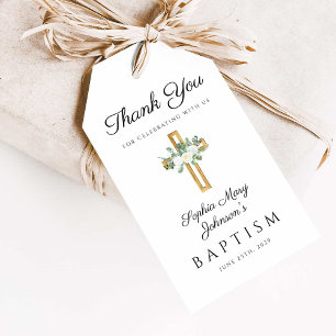 Étiquettes-cadeau Croix Religieuse Élégante Fleurie Baptême Remercie