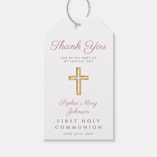 Étiquettes-cadeau Croix religieuse Fille rose rayures première commu (Devant)