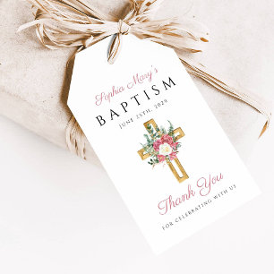 Étiquettes-cadeau Croix Religieuse Fleur Rose Fille Baptême Remercie