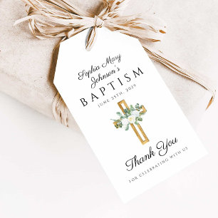 Étiquettes-cadeau Croix Religieuse Florale Baptême Remerciement