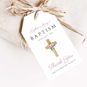 Étiquettes-cadeau Croix Religieuse Florale Moderne Élégante Baptême