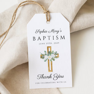 Étiquettes-cadeau Croix Religieuse Florale Pivoines Baptême Remercie
