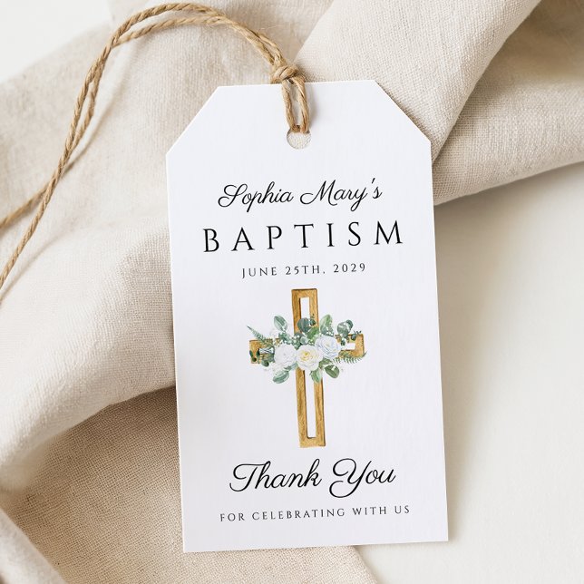 Étiquettes-cadeau Croix Religieuse Florale Pivoines Baptême Remercie (Religious Cross Floral Peonies Baptism Thank You Gift Tags)