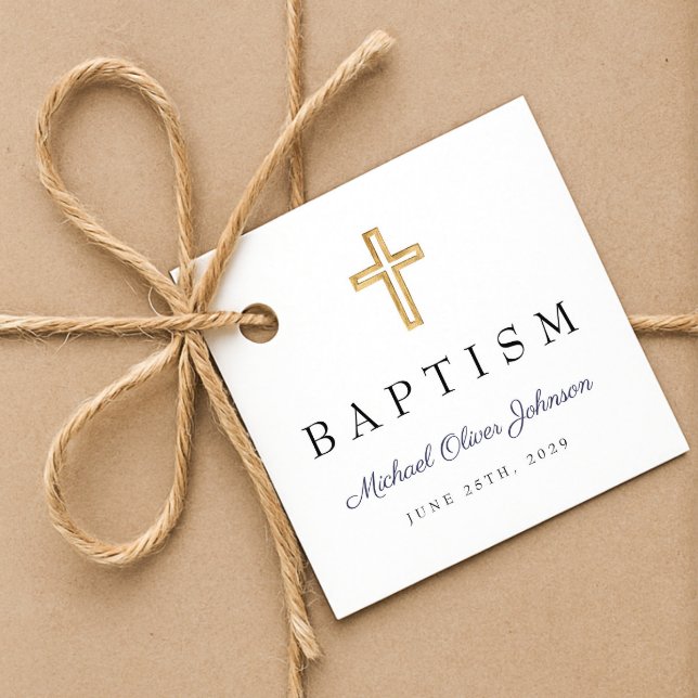 Étiquettes Cadeau Croix religieuse moderne bleu marine écriture bapt (Modern Navy Blue Religious Cross Script Baptism Favor Tags)