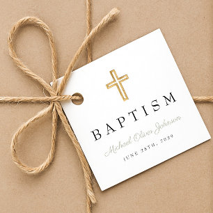 Étiquettes Cadeau Croix religieuse moderne Sage vert Script Baptême