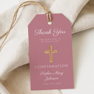 Étiquettes-cadeau Croix Religieuse Rose Moderne Garçon Confirmation
