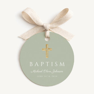 Étiquettes Cadeau Croix religieuse vert sauge moderne écriture baptê