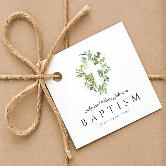 Étiquettes Cadeau Croix Religieuse Verte Botanique Baptême (Religious Cross Green Botanical Baptism Favor Tags)
