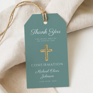 Étiquettes-cadeau Croix religieuse verte moderne confirmation garçon