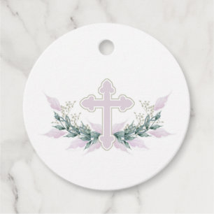 Étiquettes Cadeau Croix rose de couronne Communion Baptême Christeni