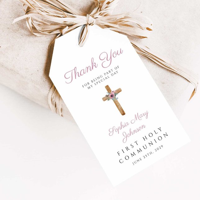 Étiquettes-cadeau Croix rose florale mignonne Première communion fil (Cute Floral Pink Cross Girl First Communion Gift Tags)