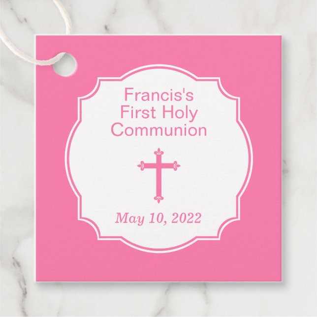 Étiquettes Cadeau Croix rose mignonne Première Communion de Fille (Devant)