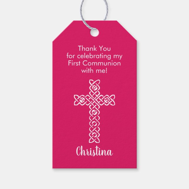 Étiquettes-cadeau Croix | Ruby Pink Communion Baptism Christening (Devant)