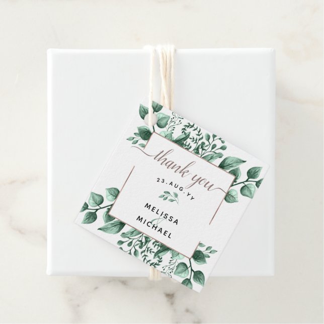 Étiquettes Cadeau Cuivre et aquarelle Verdure 🌿 mariage Faveur (En situation)