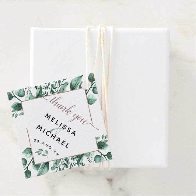 Étiquettes Cadeau Cuivre et aquarelle Vert Feuille Mariage moderne (En situation)