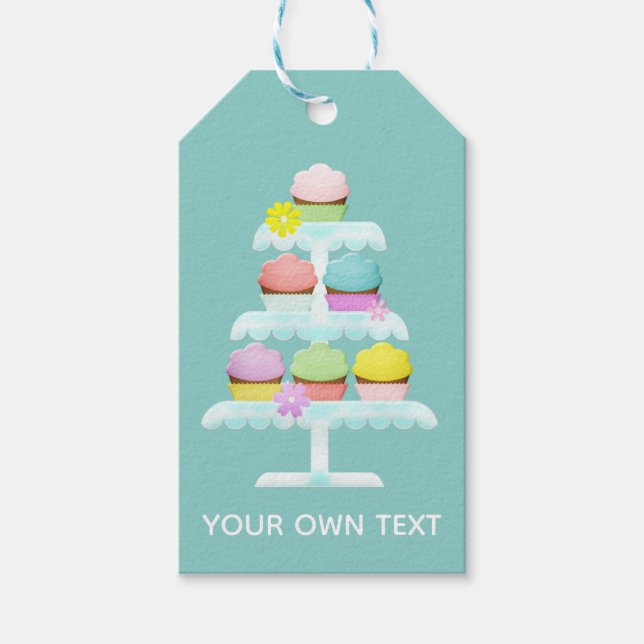 Étiquettes-cadeau Cupcakes Cake Stand Turquoise texte personnalisé (Devant)