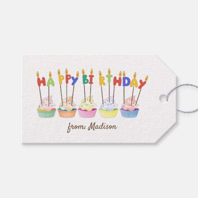 Étiquettes-cadeau Cupcakes Colorés Et Bougies Joyeux Anniversaire (Devant (Horizontal))