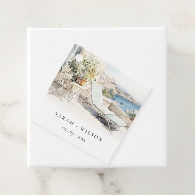 Étiquettes Cadeau Curfu Grèce Mariage de paysage aquarelle (En situation)