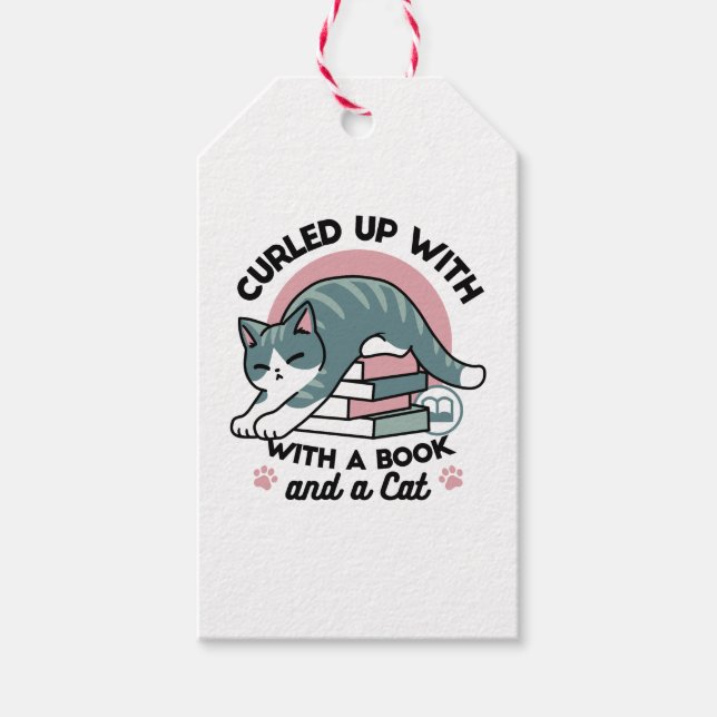 Étiquettes-cadeau Curieux avec un livre et un chat - Lecture confort (Devant)