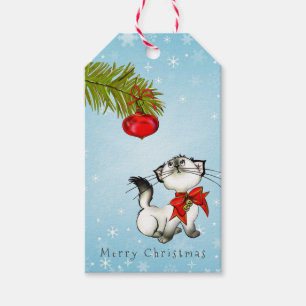 Étiquettes-cadeau Curieux Chat Kitty Dans Une Boue De Noël Rouge
