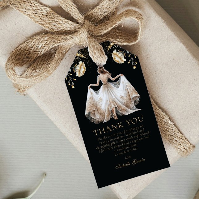 Étiquettes-cadeau Custom Luxe Black Ivory & Gold Quinceañera (Créateur téléchargé)
