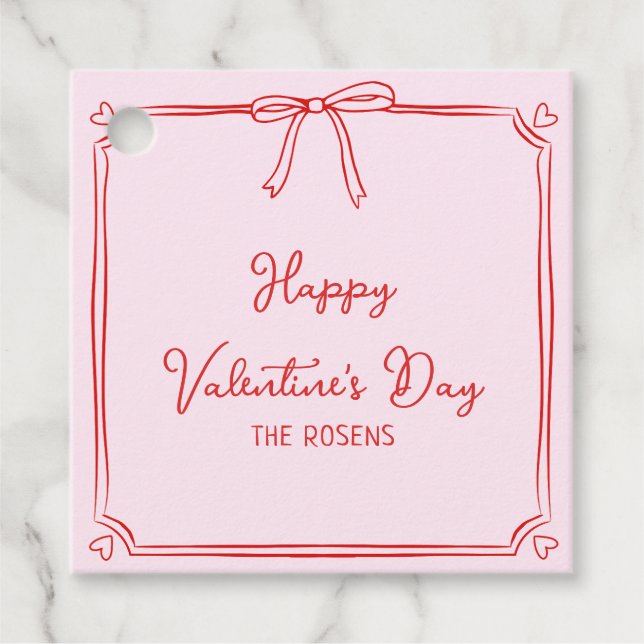 Étiquettes Cadeau Custom Valentine's Day Party Pink & Red Bow Hearts (Devant)