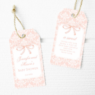 Étiquettes-cadeau Cute arc rose damassé bébé fille douche merci