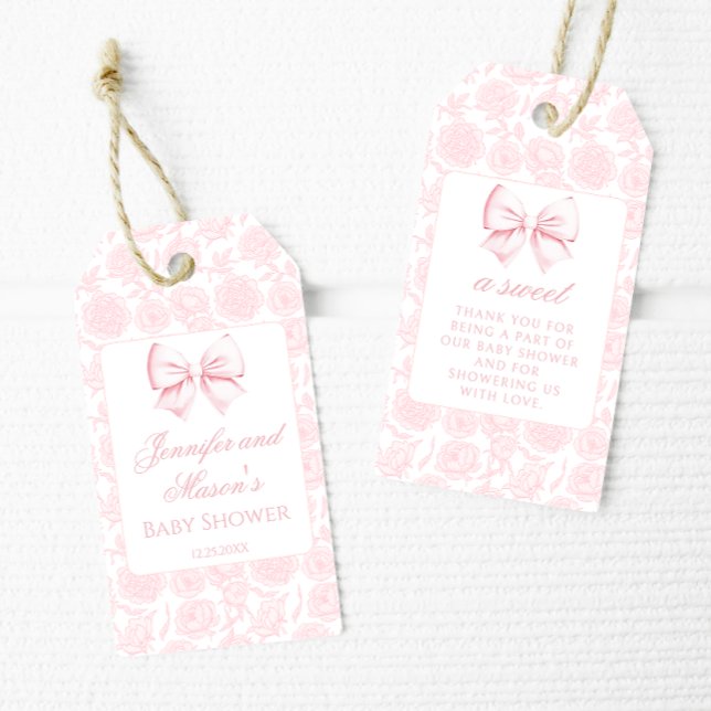Étiquettes-cadeau Cute arc rose floral bébé fille douche merci (Créateur téléchargé)