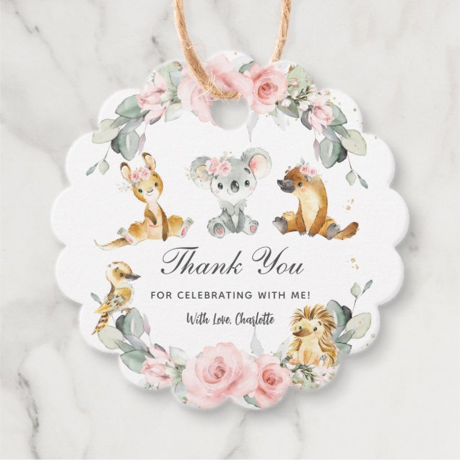 Étiquettes Cadeau Cute Australian Animals Rose Floral Vert (Devant)