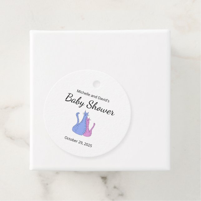 Étiquettes Cadeau Cute Baby shower Chat Twins Bleu rose (En situation)
